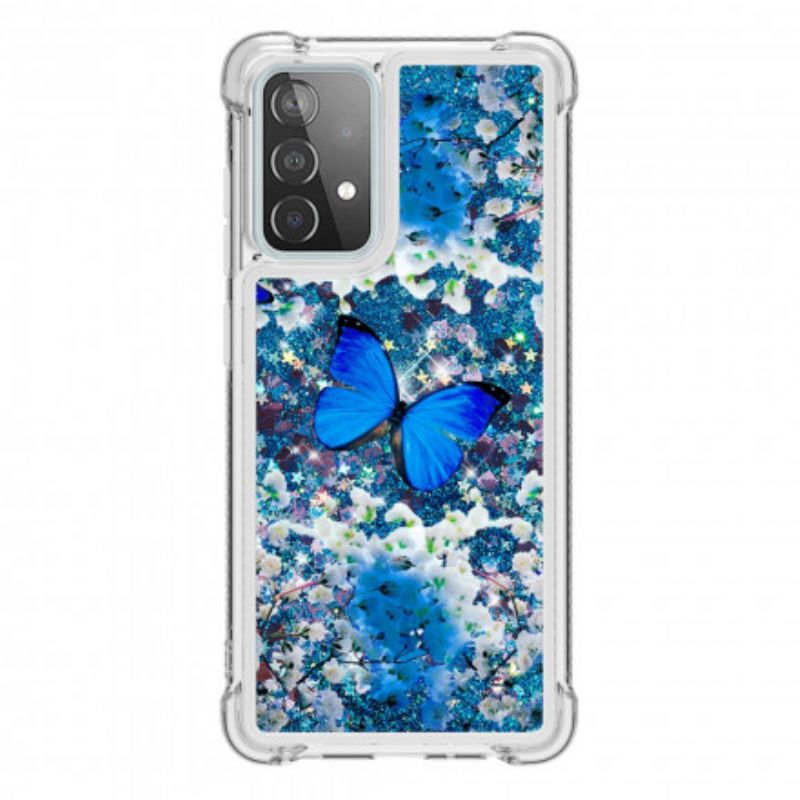 Cover Samsung Galaxy A52 4G / A52 5G / A52s 5G Blå Glitter Sommerfugle