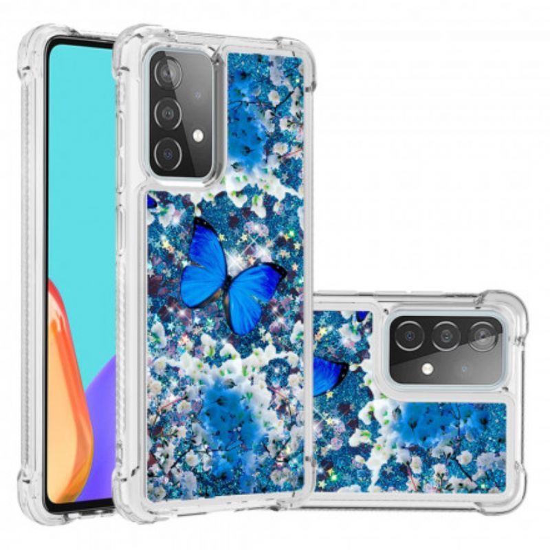 Cover Samsung Galaxy A52 4G / A52 5G / A52s 5G Blå Glitter Sommerfugle