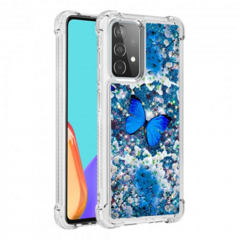 Cover Samsung Galaxy A52 4G / A52 5G / A52s 5G Blå Glitter Sommerfugle