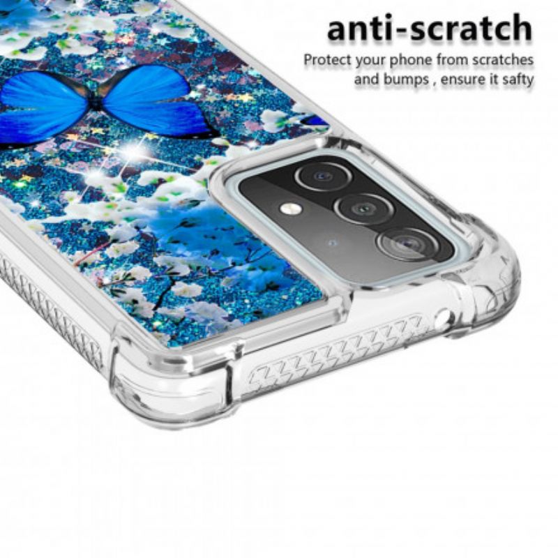 Cover Samsung Galaxy A52 4G / A52 5G / A52s 5G Blå Glitter Sommerfugle