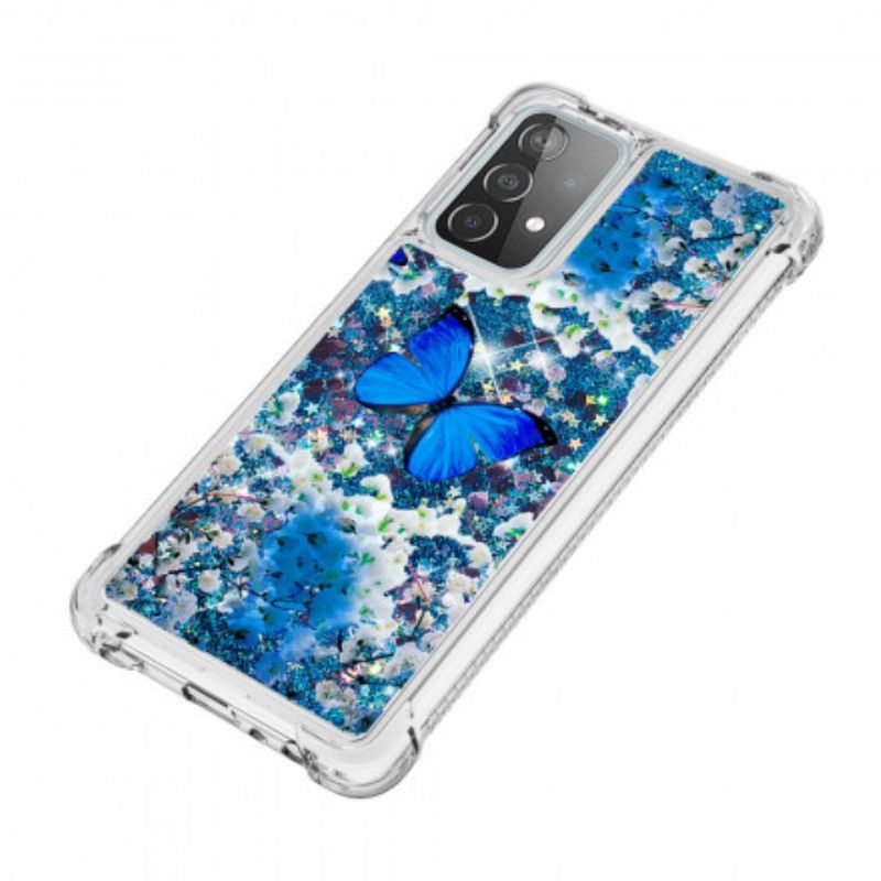 Cover Samsung Galaxy A52 4G / A52 5G / A52s 5G Blå Glitter Sommerfugle