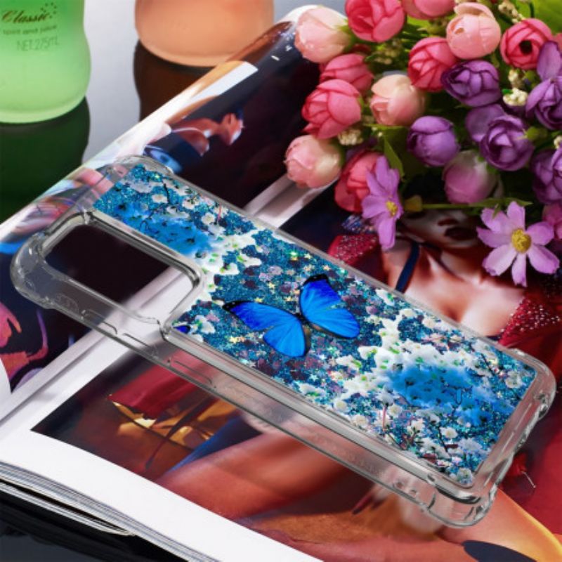 Cover Samsung Galaxy A52 4G / A52 5G / A52s 5G Blå Glitter Sommerfugle