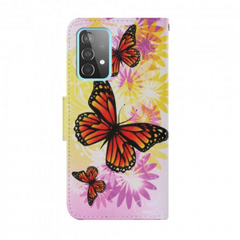 Læder Cover Samsung Galaxy A52 4G / A52 5G / A52s 5G Sommerfugle Og Sommerblomster