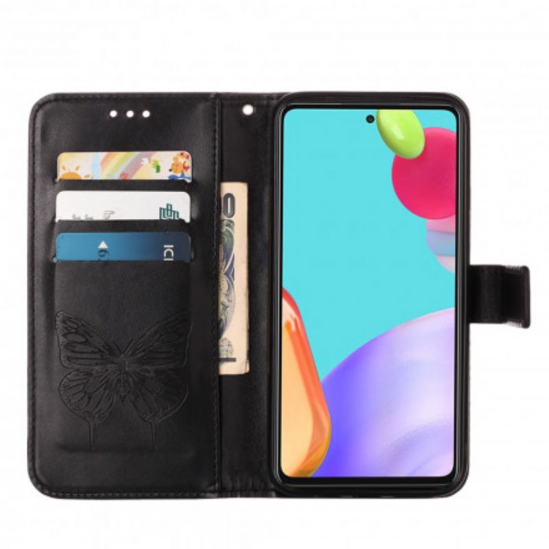 Læder Cover Samsung Galaxy A52 4G / A52 5G / A52s 5G Sommerfugledesign Med Snor