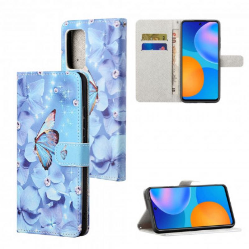 Flip Cover Xiaomi Redmi 10 Med Snor Sommerfugle Med Diamantrem