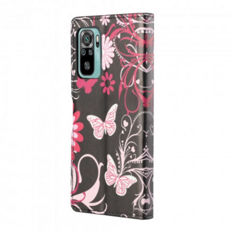 Læder Cover Xiaomi Redmi 10 Med Snor Thong Sommerfugle Og Blomster