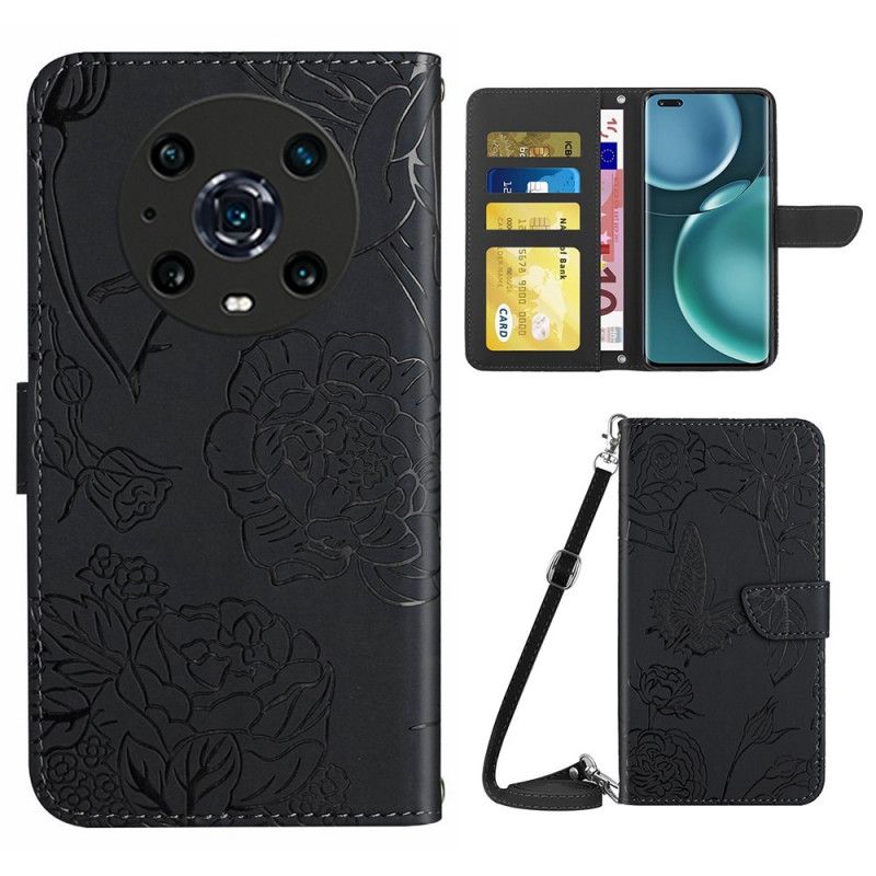 Flip Cover Honor Magic 4 Pro Sommerfugle Med Skulderrem