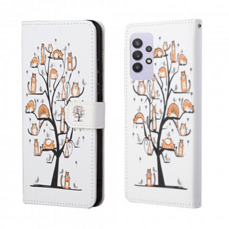 Flip Cover Samsung Galaxy A32 4G Med Snor Funky Katte Med Rem