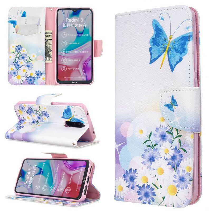 Flip Cover Xiaomi Redmi 8 Malede Sommerfugle Og Blomster