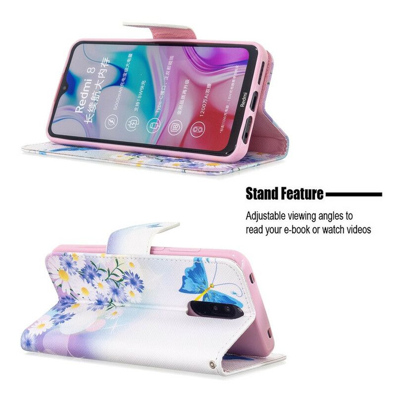 Flip Cover Xiaomi Redmi 8 Malede Sommerfugle Og Blomster