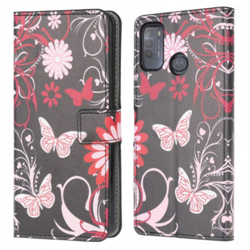 Flip Cover Moto G50 Sommerfugle Og Blomster