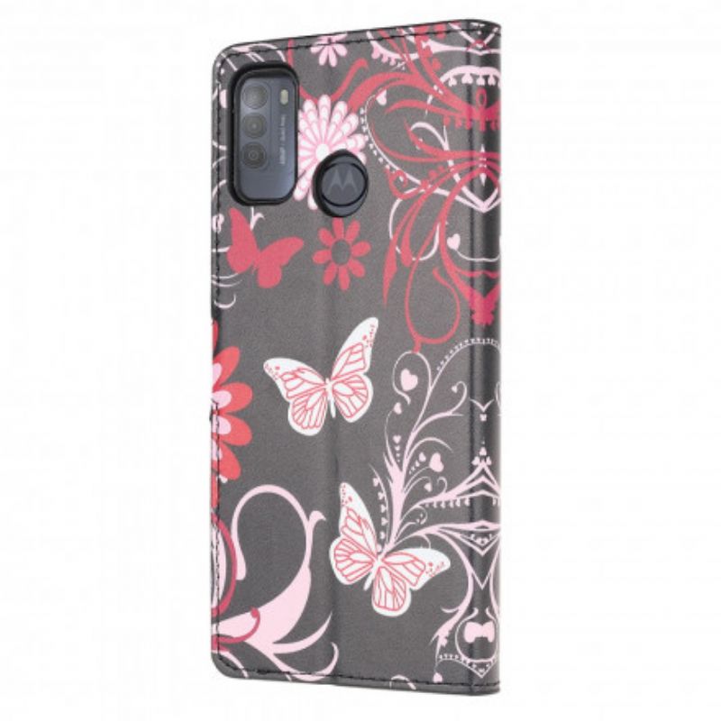 Flip Cover Moto G50 Sommerfugle Og Blomster