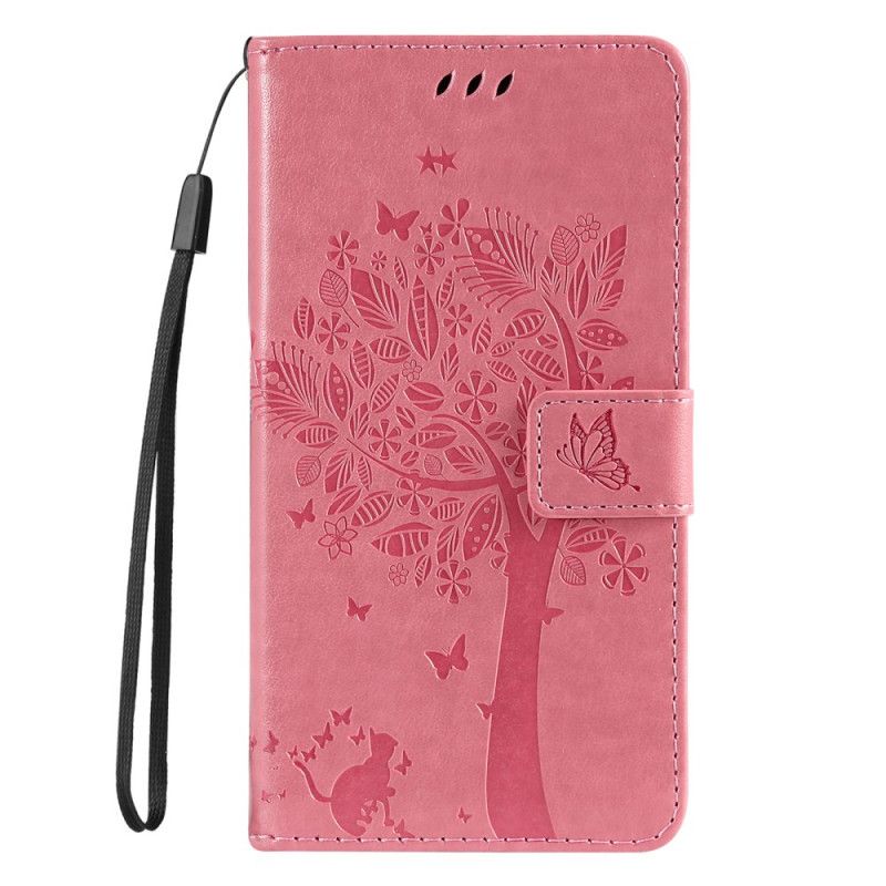 Flip Cover Samsung Galaxy M52 5G Blomstrende Træ Og Kat