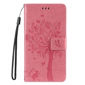 Flip Cover Samsung Galaxy M52 5G Blomstrende Træ Og Kat