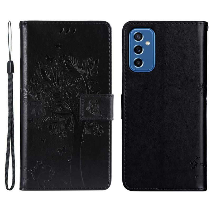 Flip Cover Samsung Galaxy M52 5G Blomstrende Træ Og Kat