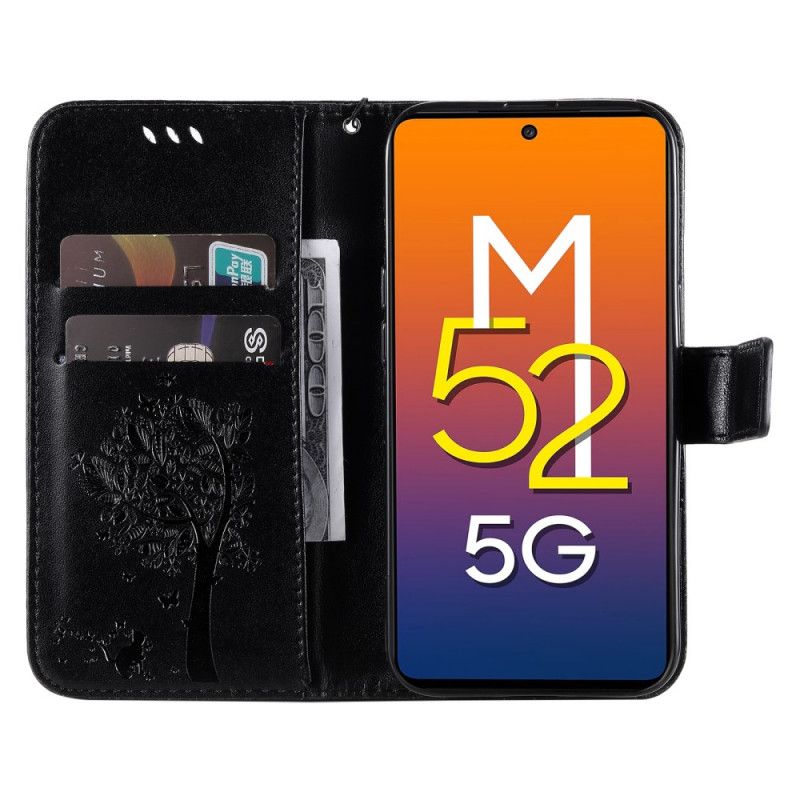 Flip Cover Samsung Galaxy M52 5G Blomstrende Træ Og Kat