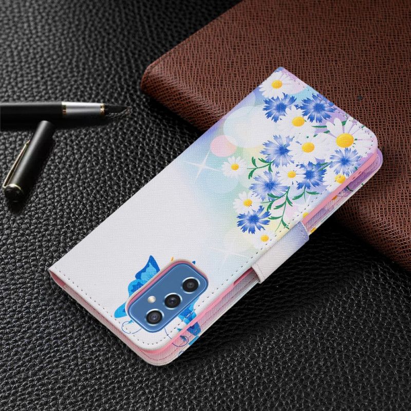 Læder Cover Samsung Galaxy M52 5G Sommerfugl Og Blomster