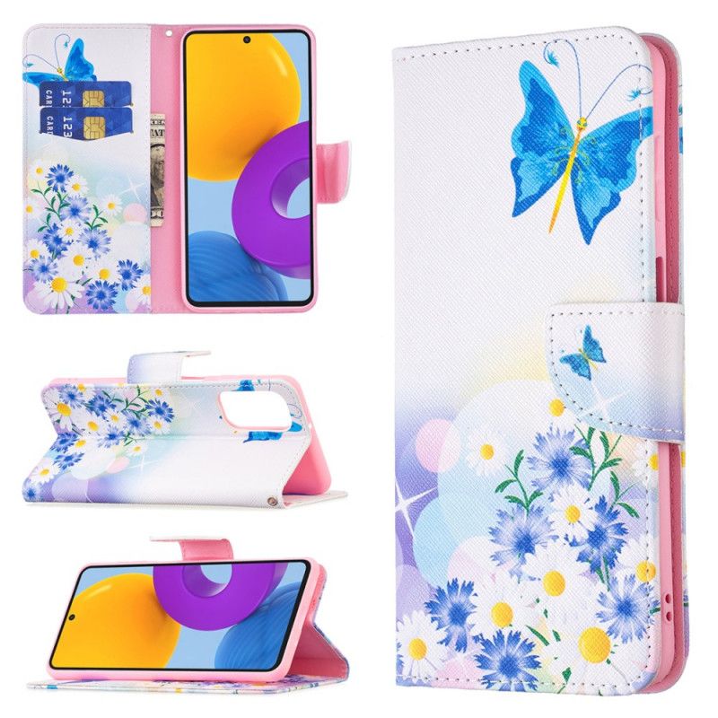 Læder Cover Samsung Galaxy M52 5G Sommerfugl Og Blomster