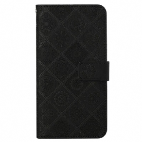 Flip Cover iPhone 14 Med Snor Rem Tapestry Mønster