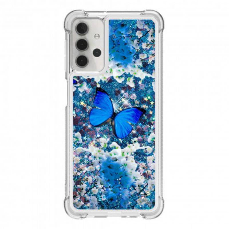 Mobilcover Samsung Galaxy A32 5G Blå Glitter Sommerfugle