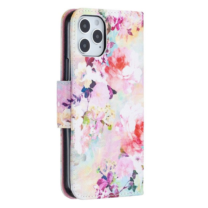 Læder Cover iPhone 12 / 12 Pro Med Snor Fantastiske Stropblomster