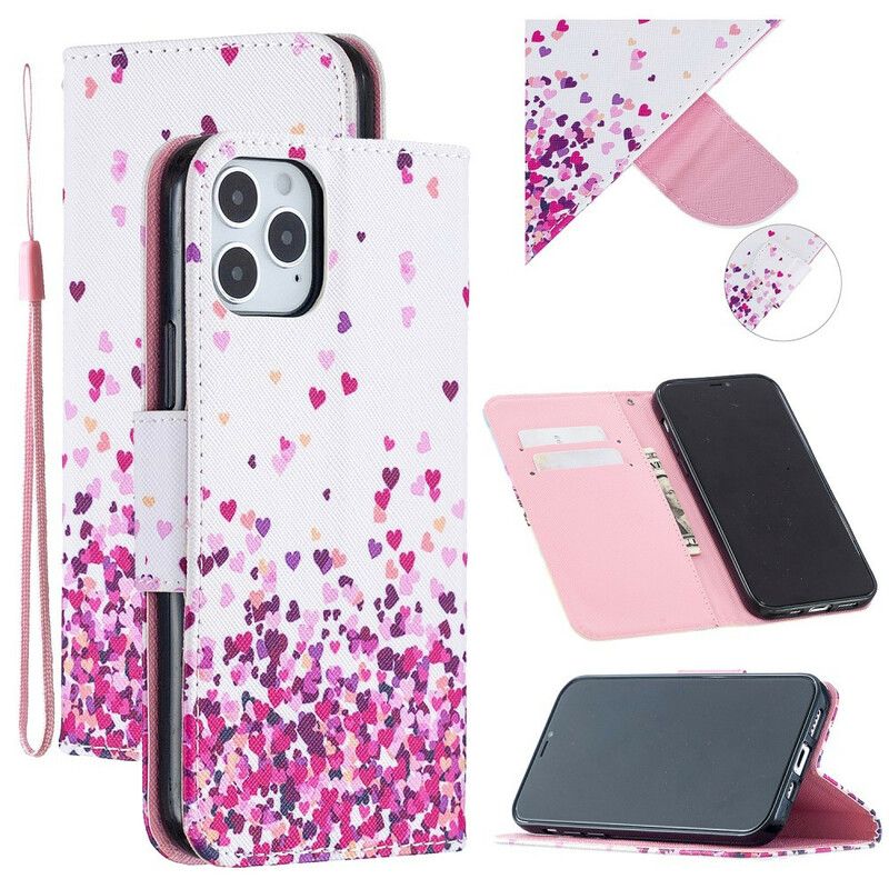 Læder Cover iPhone 12 / 12 Pro Med Snor Flere Strappy Hearts