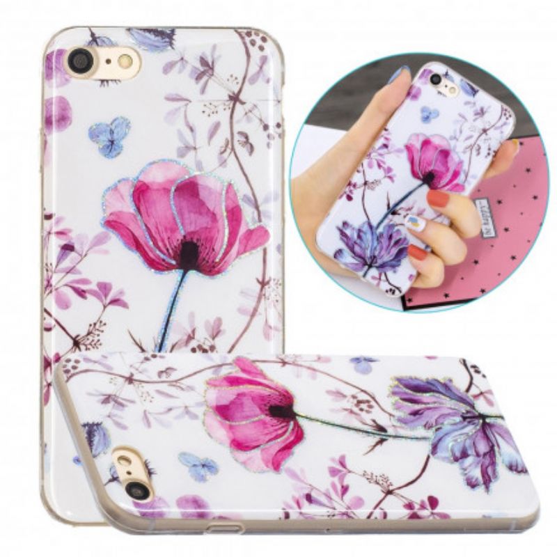 Cover iPhone SE 3 / SE 2 / 8 / 7 Blomster Design Pailletter