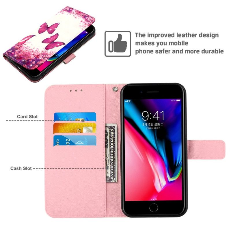 Flip Cover iPhone SE 3 / SE 2 / 8 / 7 Med Snor Thong Sommerfugle