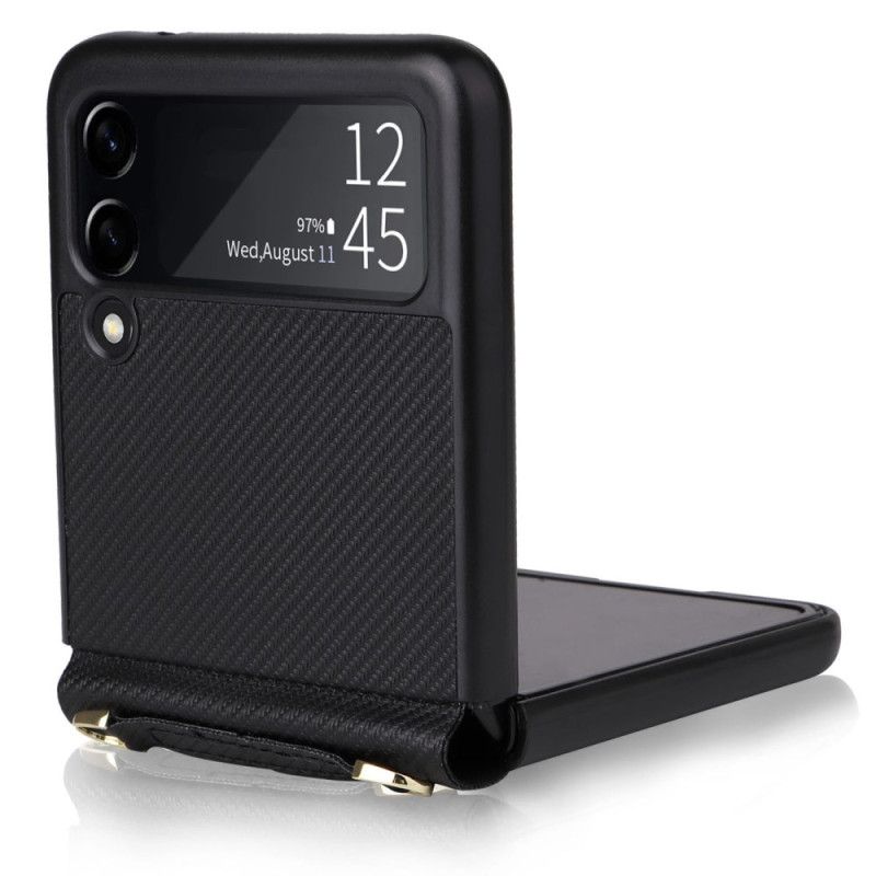 Mobilcover Samsung Galaxy Z Flip 4 Flip Cover Carbon Fiber Texture Lædereffekt Med Rem