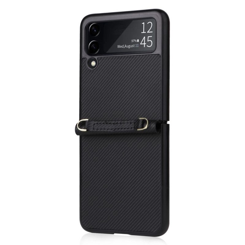 Mobilcover Samsung Galaxy Z Flip 4 Flip Cover Carbon Fiber Texture Lædereffekt Med Rem