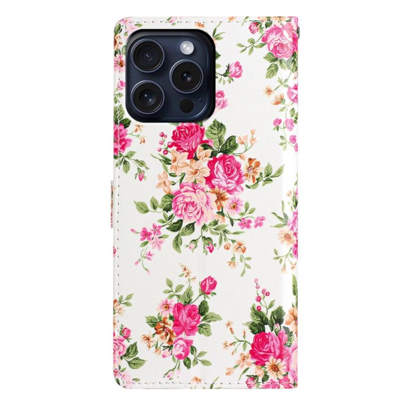 Flip Cover iPhone 16 Pro Max Røde Blomster Med Rem