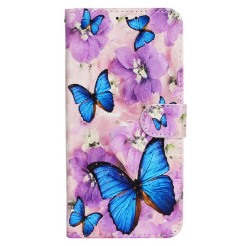 Flip Cover iPhone 16 Pro Max Sommerfugle Og Lilla Blomster Med Rem