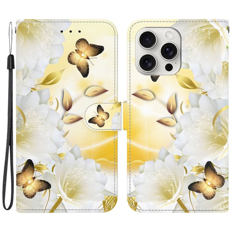 Læder Cover iPhone 16 Pro Max Telefon Etui Gyldne Sommerfugle Og Blomster Med Rem