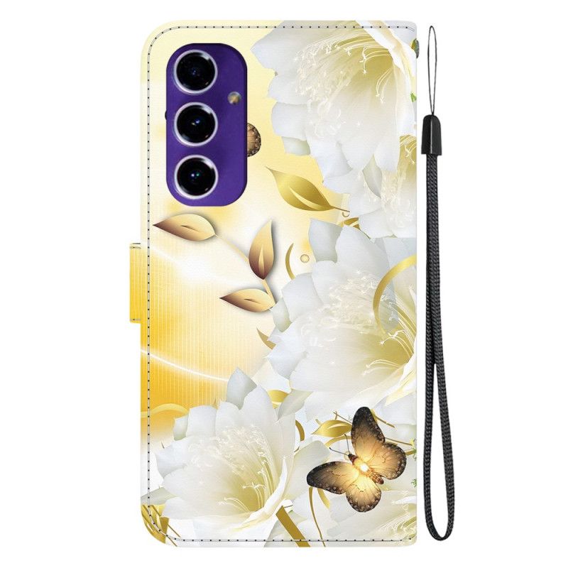 Flip Cover Samsung Galaxy A16 5g Gylden Sommerfugl Og Hvide Blomster