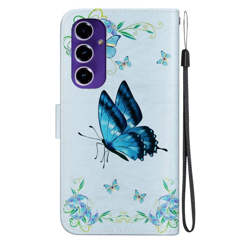 Læder Cover Samsung Galaxy A16 5g Telefon Etui Blå Sommerfugl Og Blomster