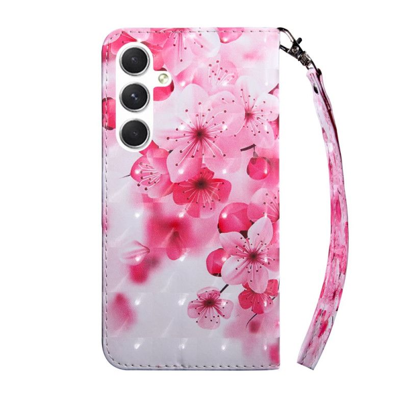 Læder Cover Samsung Galaxy A16 5g Telefon Etui Rødt Blomstermønster Med Rem