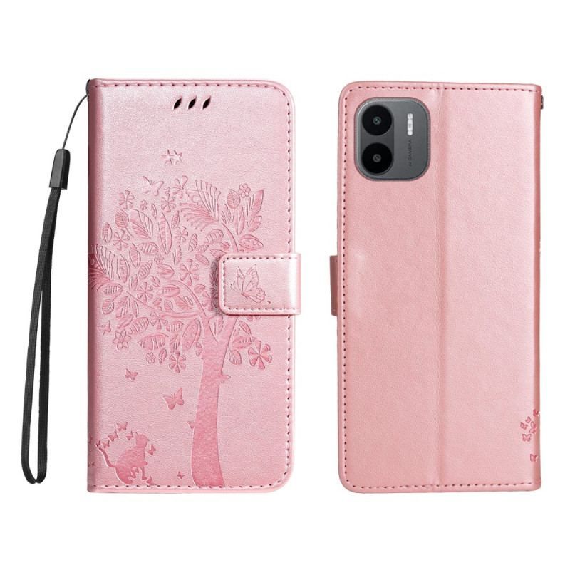 Flip Cover Xiaomi Redmi A1 Med Snor Træ Og Strappy Kat