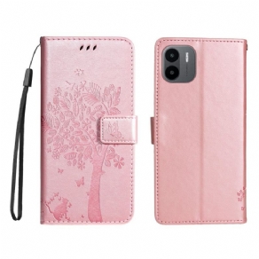 Flip Cover Xiaomi Redmi A1 Med Snor Træ Og Strappy Kat