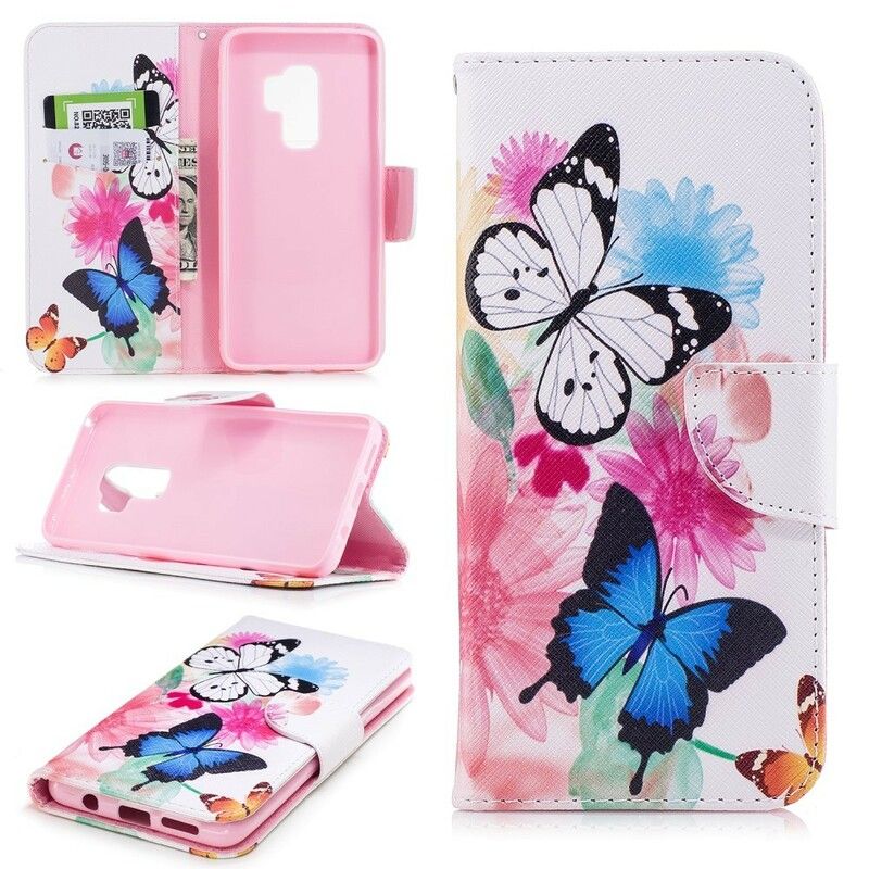 Flip Cover Samsung Galaxy S9 Plus Malede Sommerfugle Og Blomster