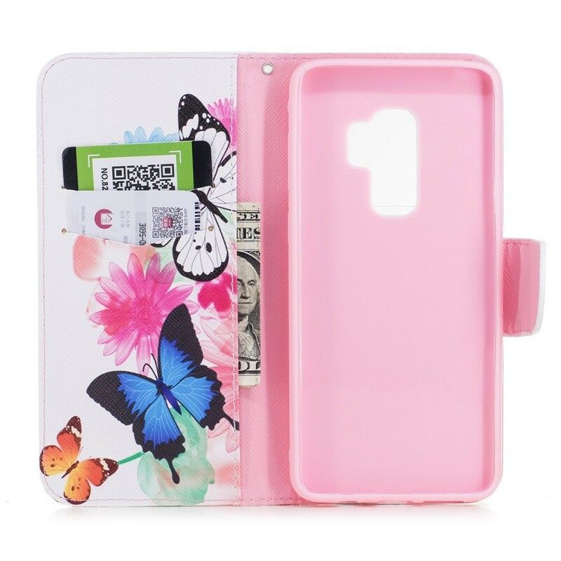 Flip Cover Samsung Galaxy S9 Plus Malede Sommerfugle Og Blomster