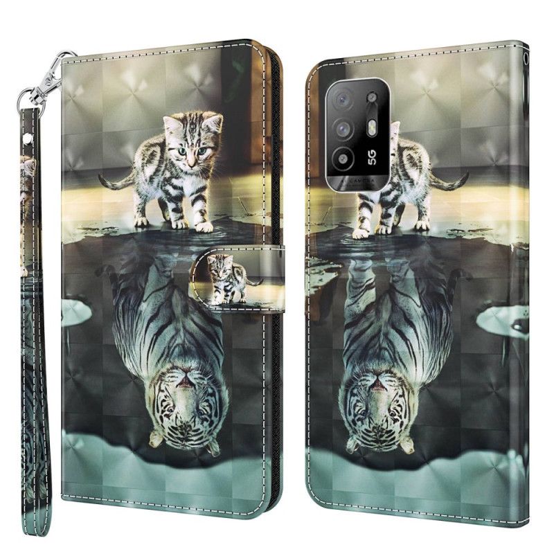 Flip Cover Oppo A94 5G Kat Og Tiger Med Snor