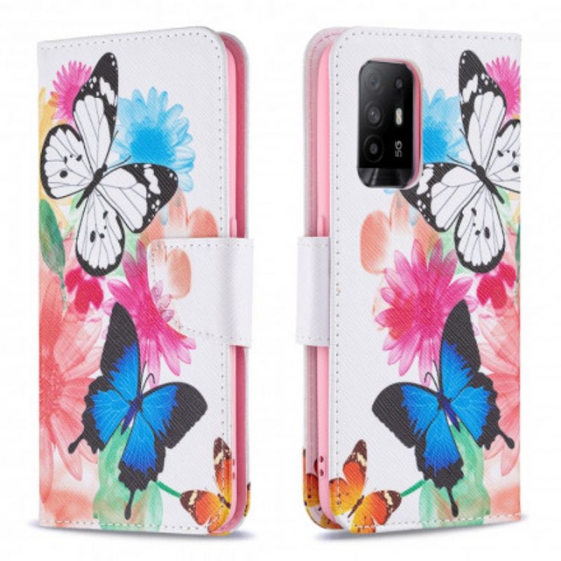 Flip Cover Oppo A94 5G Malede Sommerfugle Og Blomster