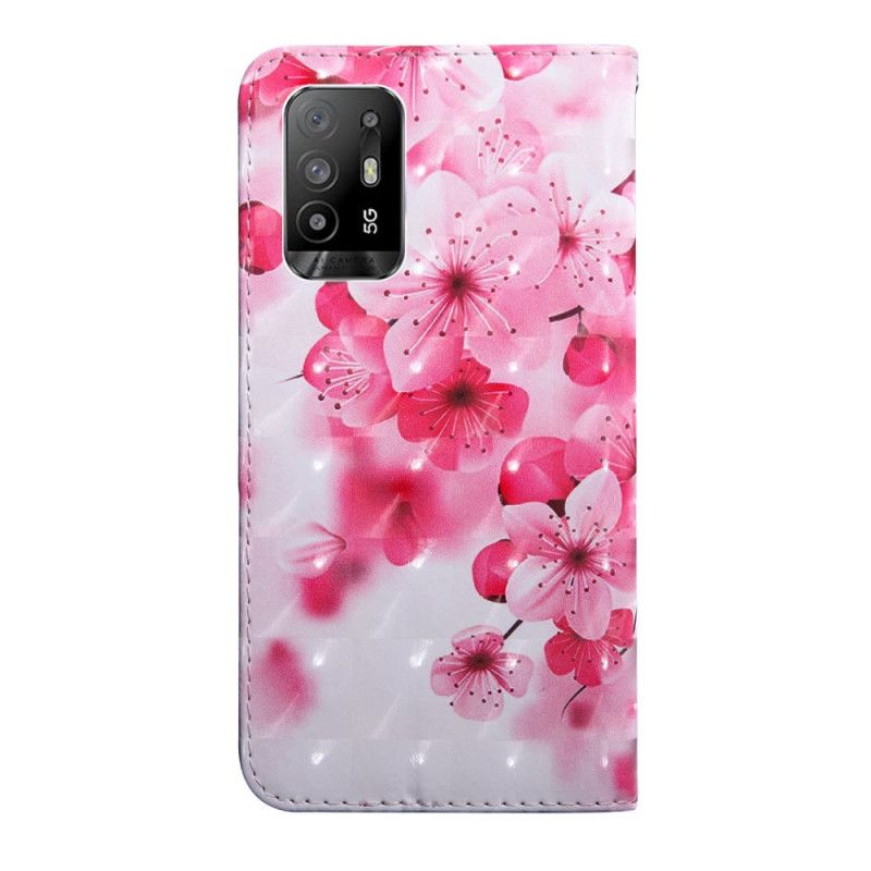 Læder Cover Oppo A94 5G Pink Blomster Med Snor