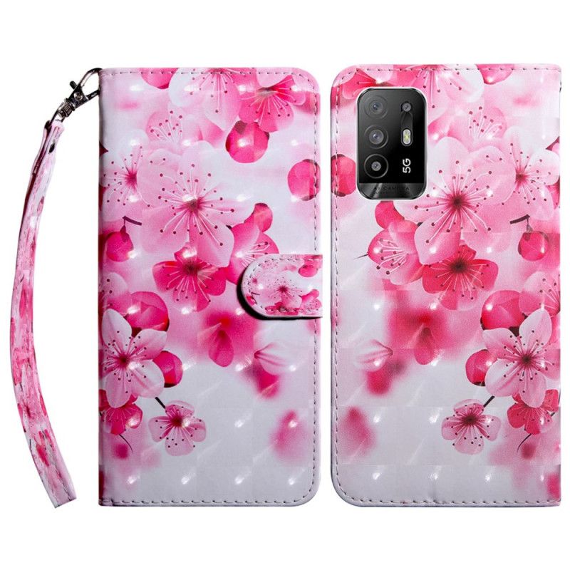 Læder Cover Oppo A94 5G Pink Blomster Med Snor