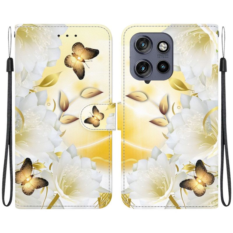 Flip Cover Motorola Edge 50 Neo Gyldne Sommerfugle Og Hvide Blomster