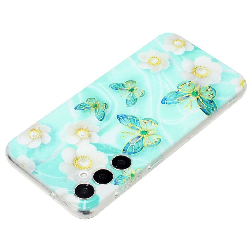 Cover Til Samsung Galaxy S24 Fe Hvide Blomster Og Grønne Sommerfugle