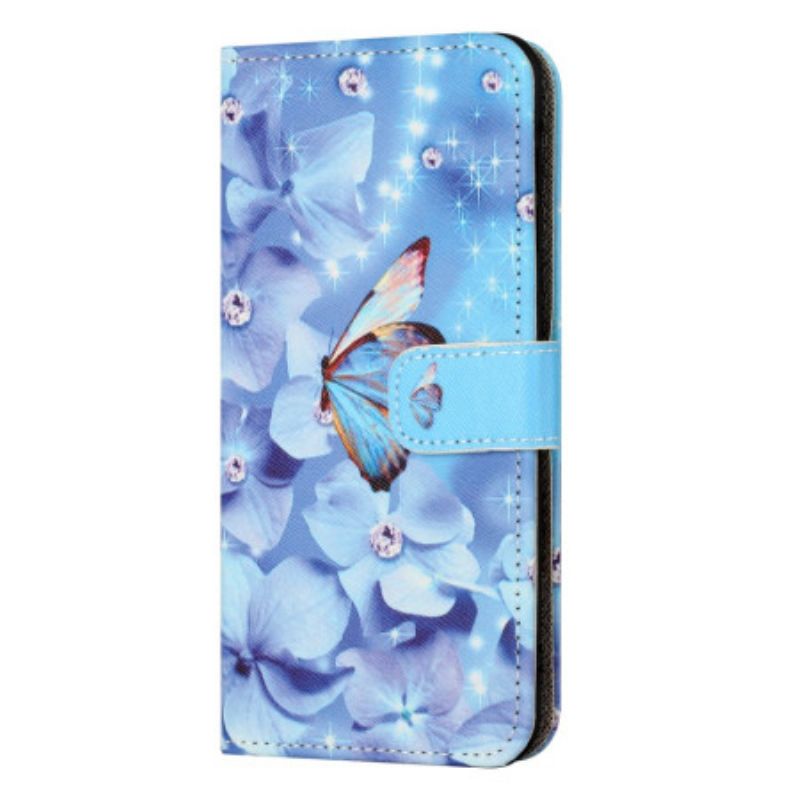 Flip Cover Samsung Galaxy S24 Fe Blå Blomster Og Sommerfugle Med Rem