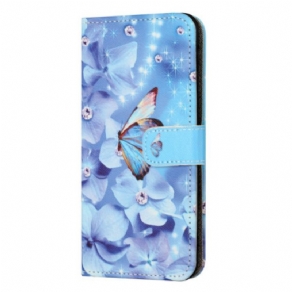 Flip Cover Samsung Galaxy S24 Fe Blå Blomster Og Sommerfugle Med Rem