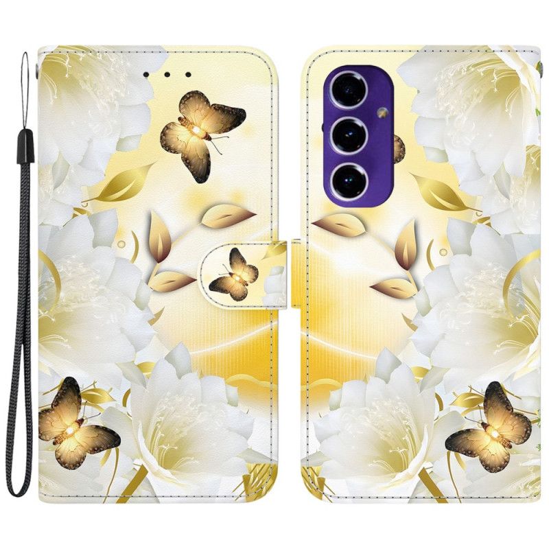 Flip Cover Samsung Galaxy S24 Fe Gyldne Sommerfugle Og Hvide Blomster