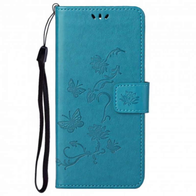 Flip Cover Motorola Edge 20 Pro Med Snor Thong Sommerfugle Og Blomster